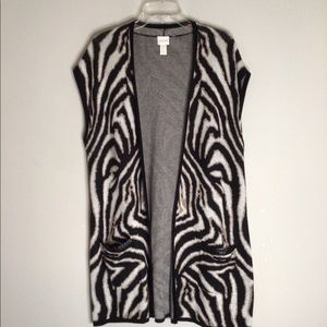 Chico’s Open Longline Knit Vest 2 (L/12) Animal Print Pockets Vegan Leather Trim